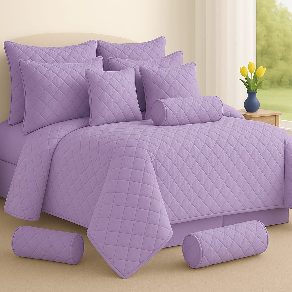 Lailac quilted bedding set on a bed with matching pillows and decorative items.